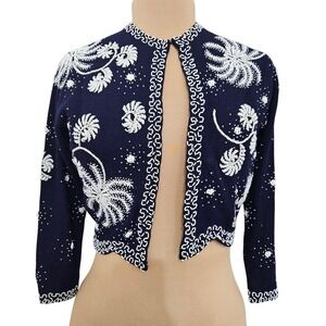 Gene Shelly's Vintage Beaded Navy Lambswool Angora Cropped Bolero Cardigan Artsy